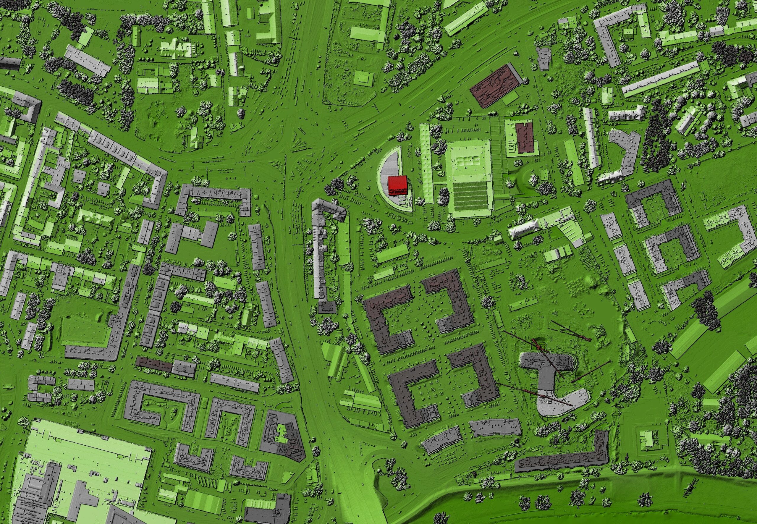 Digital elevation model. GIS product made after proccesing aerial pictures taken from a drone. It shows city urban area with roads and suburbs