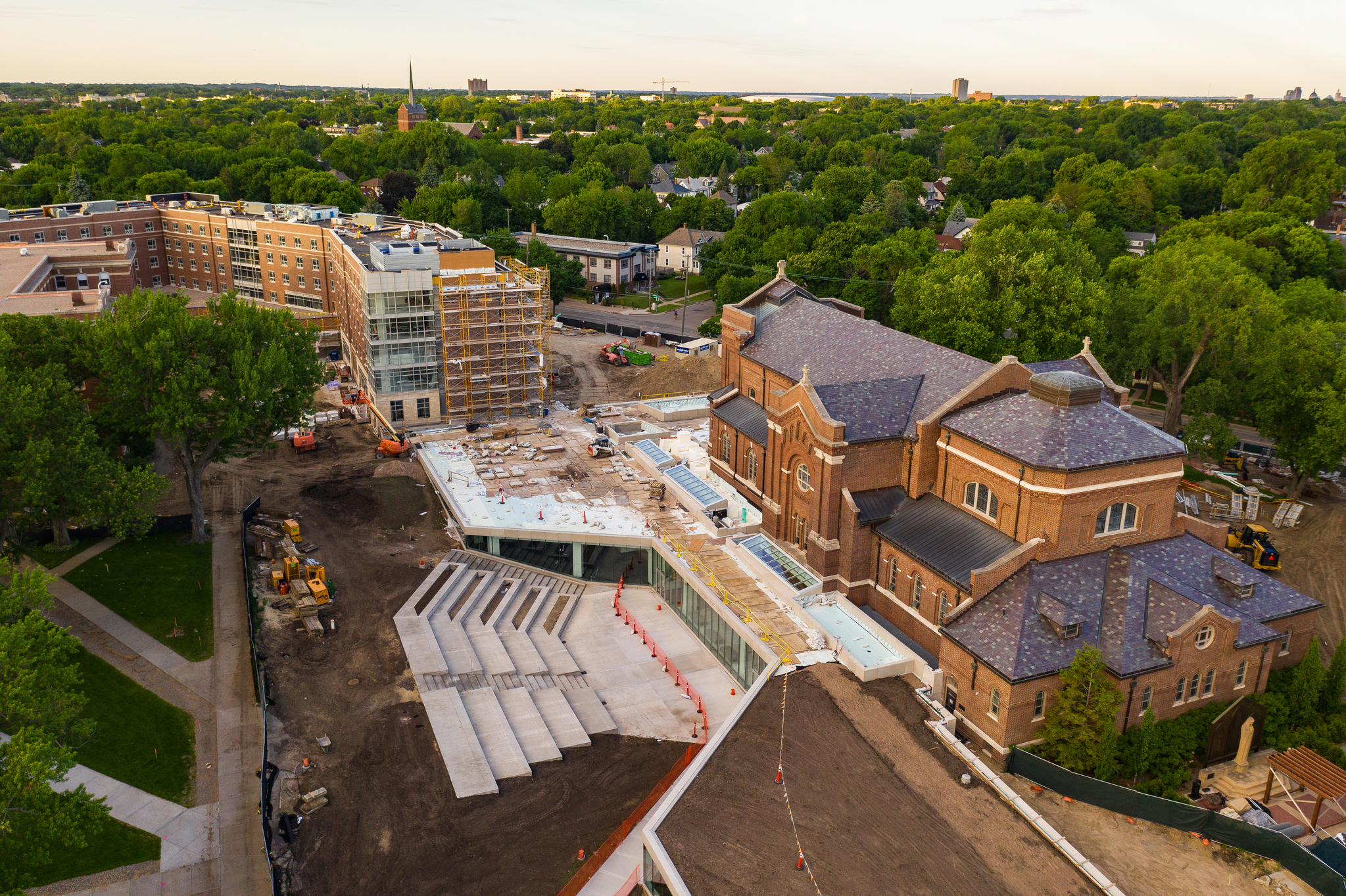 The Iversen Center for Faith and the Tommie North Residence Hall for first year students under construction on north campus in St. Paul on June 5, 2020.