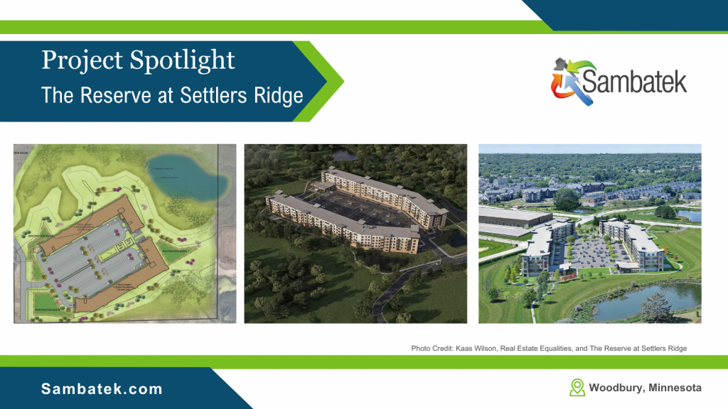 General Rendering “Rendering of The Reserve at Settler’s Ridge, a two-phase affordable housing community in Woodbury, MN with modern buildings and green spaces.” Exterior View “Exterior view of The Reserve at Settler’s Ridge apartments with landscaped areas and walking paths.” Amenities “Rendering of fitness center, community room, and outdoor spaces at The Reserve at Settler’s Ridge.” Site Overview “Site plan of The Reserve at Settler’s Ridge showing two apartment buildings, parking, and open space.” Photo Credit “Image courtesy of Kaas Wilson Architects, Real Estate Equities, and The Reserve at Settler’s Ridge.”