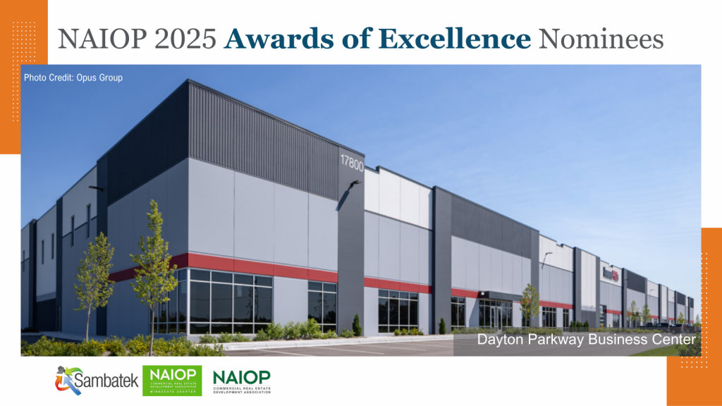 NAIOP 2025 Awards of Excellence Nominees Dayton Parkway Business Center, Minneapolis Glass 610 Junction West, Telsa 610 Junction West. Logos.