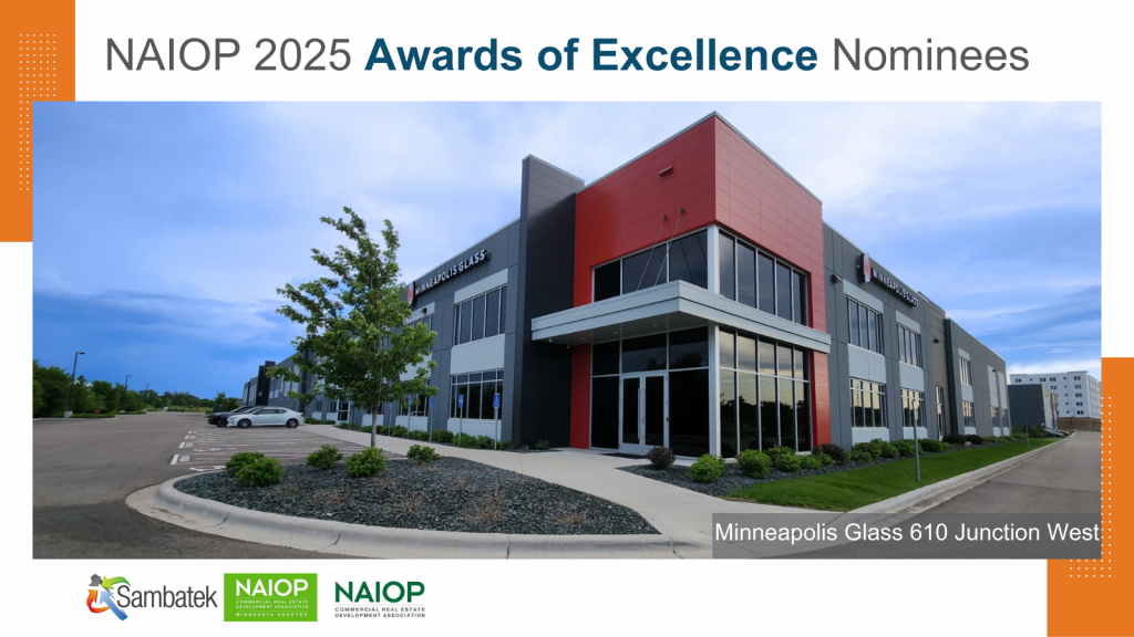 NAIOP 2025 Awards of Excellence Nominees Dayton Parkway Business Center, Minneapolis Glass 610 Junction West, Telsa 610 Junction West. Logos.