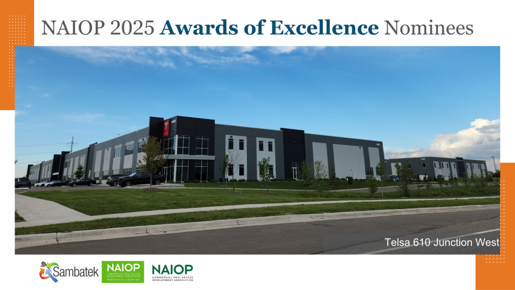 NAIOP 2025 Awards of Excellence Nominees Dayton Parkway Business Center, Minneapolis Glass 610 Junction West, Telsa 610 Junction West. Logos.