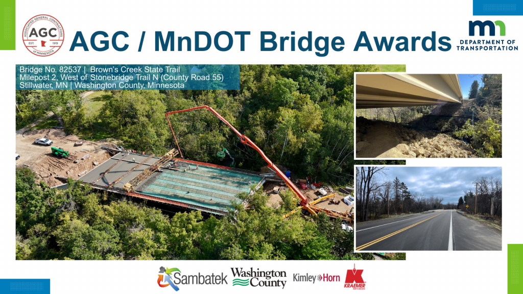 Three photos of Bridge No. 82537 over Browns Creek and the Browns Creek State Trail, showcasing the completed bridge structure from different angles. Includes logos for the AGC and MnDOT Bridge Awards.