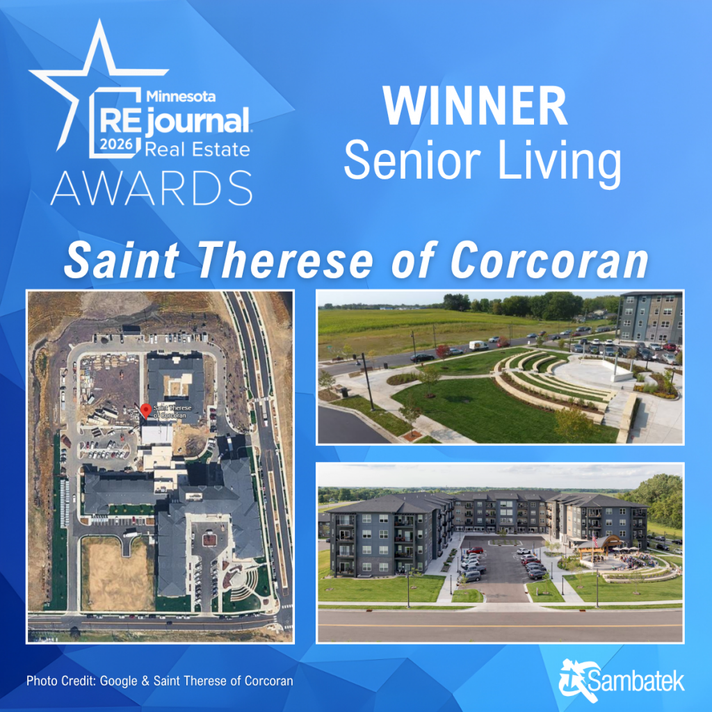 Graphic announcing Saint Therese of Corcoran as the winner in the Senior Living category for the 2026 Minnesota Real Estate Journal Real Estate Awards. The design includes aerial and exterior project images, the MREJ Awards logo, and Sambatek branding.