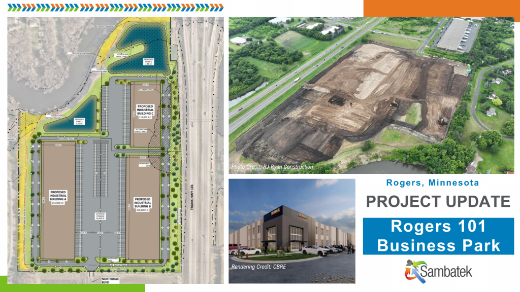 Project update graphic for Rogers 101 Business Park in Rogers, Minnesota, showing a site plan, aerial construction photo, and building rendering for a new industrial and warehouse development. The graphic includes photo credit to RJ Ryan Construction and rendering credit to CBRE, with Sambatek branding